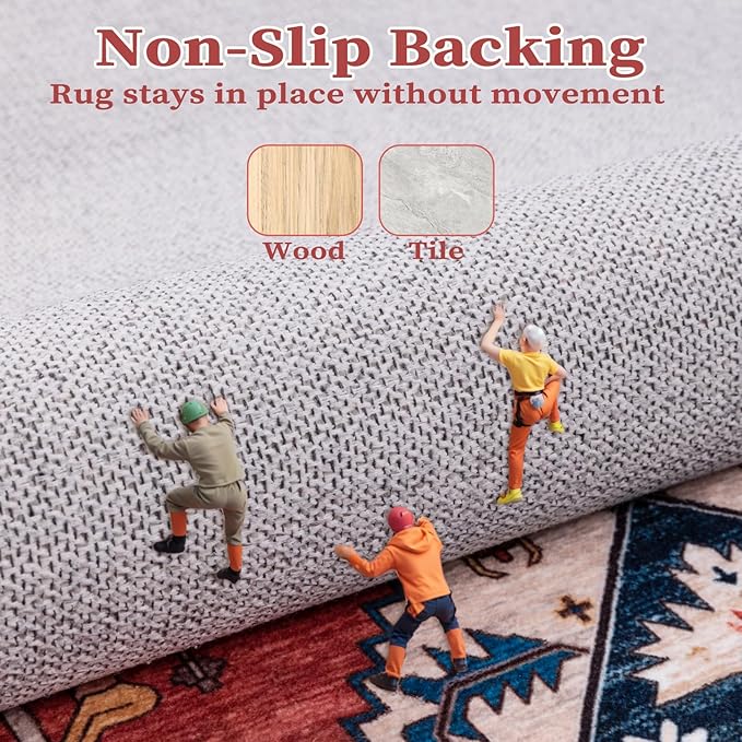 SERISSA 4ft Round Area Rug, Washable Non-Slip Boho Circle Rug, Ultra Soft Oriental Vintage Rust Low-Pile Small Circular Carpet for Bedroom Entryway Kids Room Office College Dorm Living Room