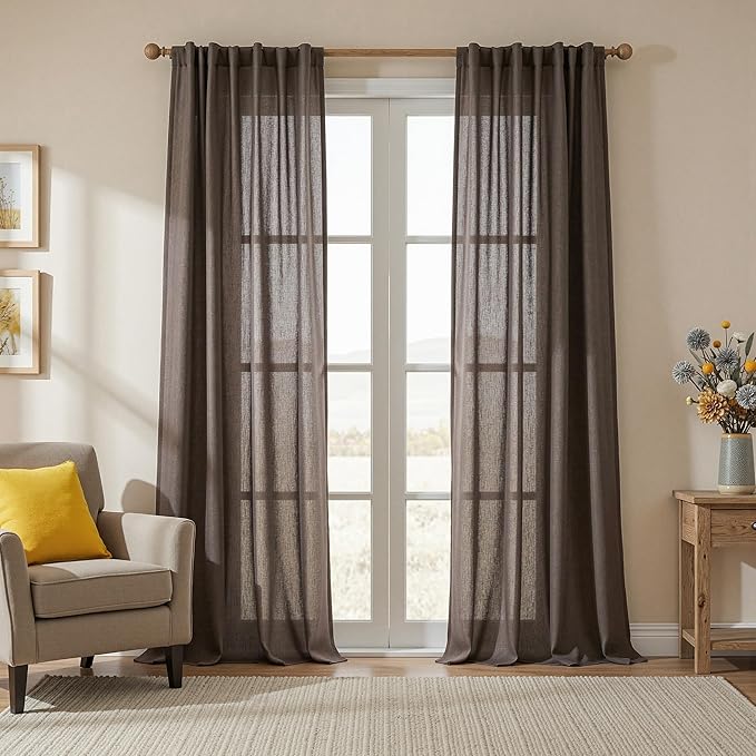 MYSKY HOME 108 Inches Long Dark Brown Sheer Curtains for Living Room 2 Panel Sets Light Filtering Window Drapes for Sliding Door Back Tab Draperies Floor to Ceiling Curtains Soft, 50" Wide