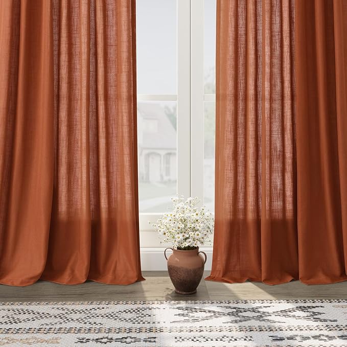 Terracotta Linen Blend Drapes 84 Inch Length 2 Panels Set Back Tab Rod Pocket Light Filtering Semi Sheer Textured Brick Burnt Orange Curtains Boho Farmhouse Decor Curtains for Living Room 40x84