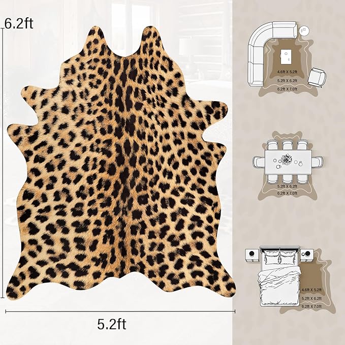 AROGAN Premium Leopard Print Rug 5.2x6.2 Feet, Machine Washable Faux Fur Cheetah Rug, Non-Slip Animal Print Hide Leopard Skin Area Rug for Bedroom Living Room Home Decor