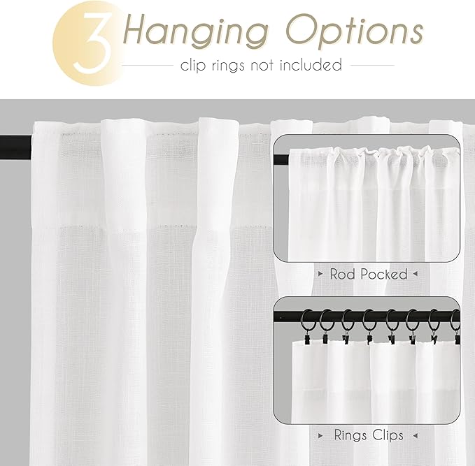 White Curtains 100 inches Long 2 Panels Back Tab Light Filtering Cotton Textured Curtain Modern Farmhouse Coastal Decor Off White Linen Drapes 100 inch Length for Patio Sliding Door Office Bedroom