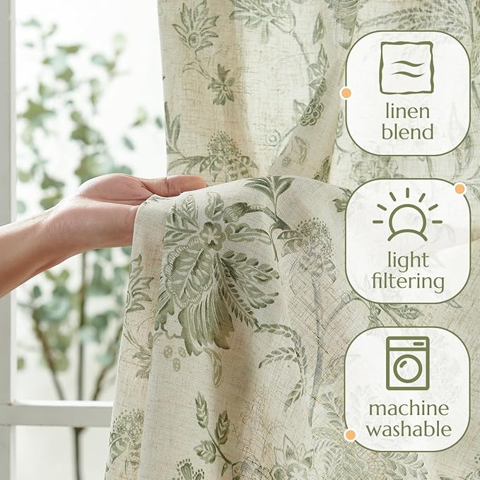 jinchan Linen Floral Curtains for Living Room with Printed Flower 90 Inches Long Light Filtering French Country Back Tab Rod Pocket Sage Green Window Curtain Set Farmhouse Drapes 2 Panels