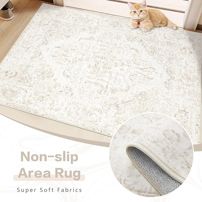 10x14 Area Rugs for Living Room: Washable Rug Vintage Large Rugs Soft Non Slip Low Pile Rug Floral Distressed Floor Carpet for Bedroom Nursery Dining Room Home Office (Beige,10'x14')