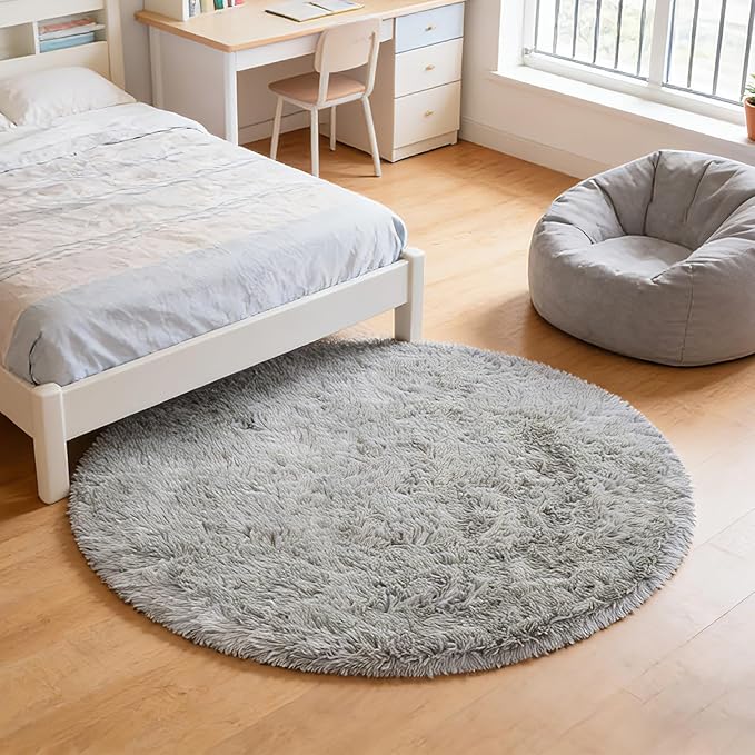 yulidayang Soft Round Area Rug for Kids Bedroom, Fluffy Fuzzy Shaggy Rug 4'X4'for Living Room, Non Slip Circle Plush Rug for Girls Room Nursery Dorm Decor,Light Grey
