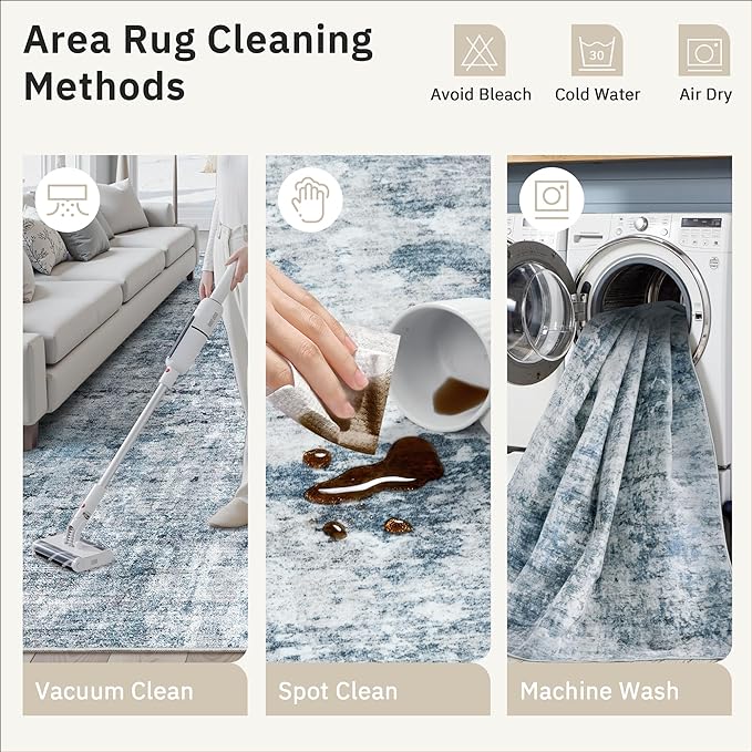 8x8 Blue/Grey Round Rug 8ft Living Room Circle Rug Vintage Round Area Rug Non Slip Indoor Carpet for Apartment