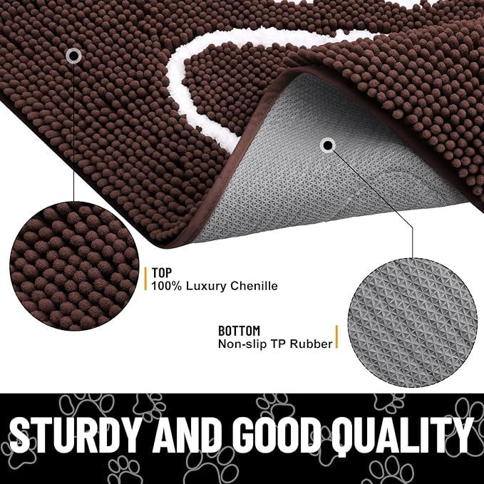 Smiry Dog Door Mat for Muddy Paws, Absorbent Dirt Trapper Non Slip Quick Dry Washable Chenille Mat for Mud Dogs, Entry Rug for Indoor and Outdoor (30x20 Inches, Brown and White)