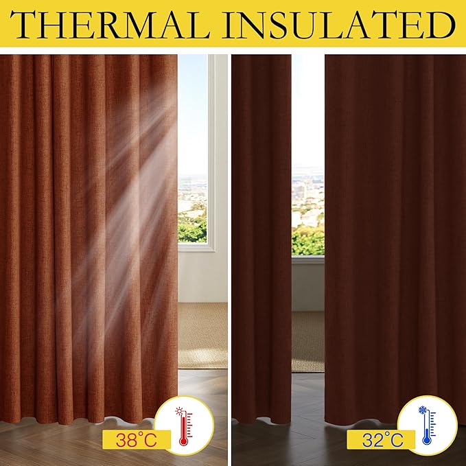 NICETOWN 100% Absolutely Blackout Linen Curtains with Thermal Insulated Liner, 52" Wide, 2 Panels, 72" Long Drapes, Grommet Retro Burnt Orange Linen Curtains Vertical Drapes Privacy for Bedroom