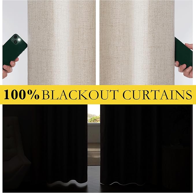NICETOWN Oatmeal Linen Complete Blackout Curtains 48 inches for Kids Room, 2 Panels, Thermal Insulated & Noise Reducing Window Draperies with Grey Liner, Noise Reducing Short Drapes