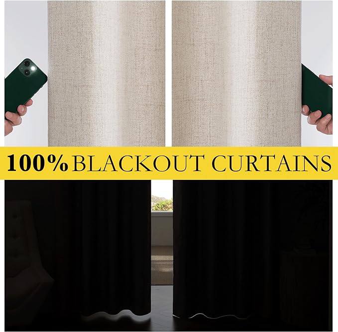 NICETOWN Oatmeal Vintage Open Linen Weave Flax Thermal Curtains, 100% Blackout Curtains 84" Long for Dining Room, Soundproof Window Treatment Drapes for Dining Room, 62" Wide Per Panel, Set of 2
