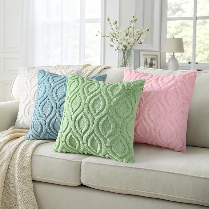 decorUhome Summer Throw Pillow Covers 20x20 Inch Set of 2, Soft Plush Faux Wool Light Pink Solid Couch Pillow Covers, Accent Farmhouse Neutral Square Pillow Cases for Sofa Bed Living Room