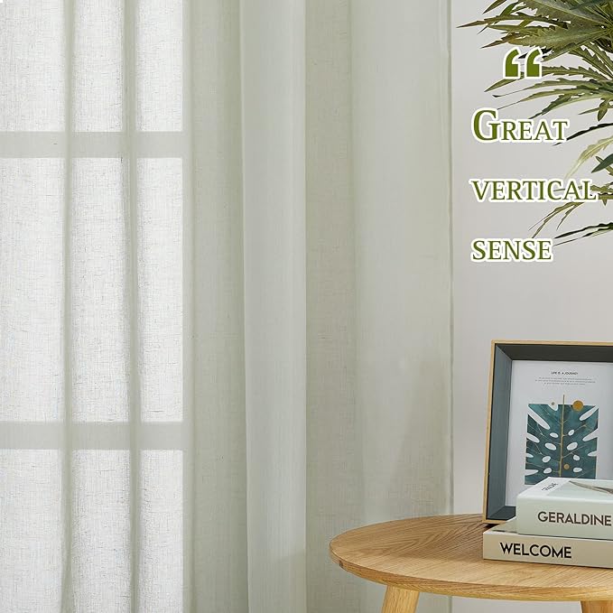 NICETOWN Flax Linen Sheer Curtains for Bedroom, Retro Grommet Top Linen Blend Semitransparent Privacy Window Treatment Light Filtering for Living Room, Sage Green, 52" W x 72" L, Set of 2