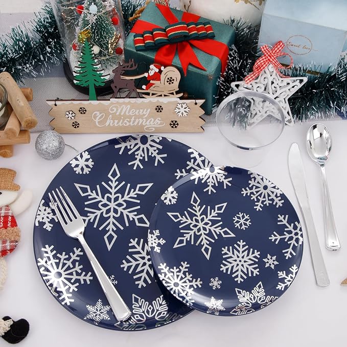 bUCLA 175pcs Christmas Plastic Plates - Christmas Blue and Silver Plastic Snowflake Plates with Silverware, Cups and Paper Napkins - Disposable for Xmas