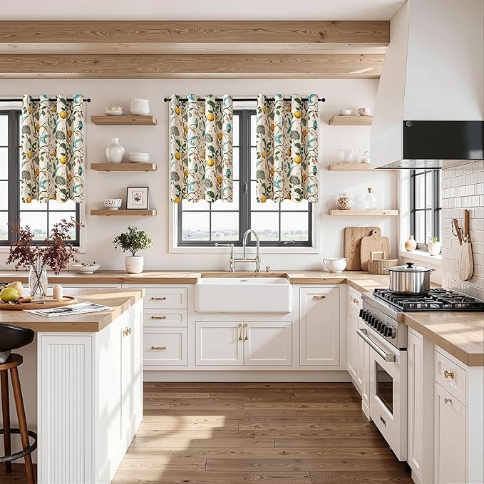 Topfinel Kitchen Curtains 45 Inch Length Beige Vintage Blackout Curtains for Cafe Kitchen Short Grommet Luxury Whimsical Floral Hummingbird Patterned 45 Inches Long for Living Room Bedroom