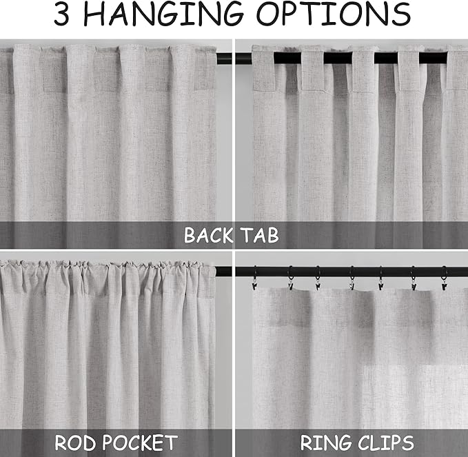 Grey Linen Back Tab Curtains 96 Inches Long 2 Panels Set for Living Room Sliding Glass Door Grey Semi Sheer Curtains Light Filtering Canvas Cloth Linen Drapes 96 Inch Floor to Ceiling Length