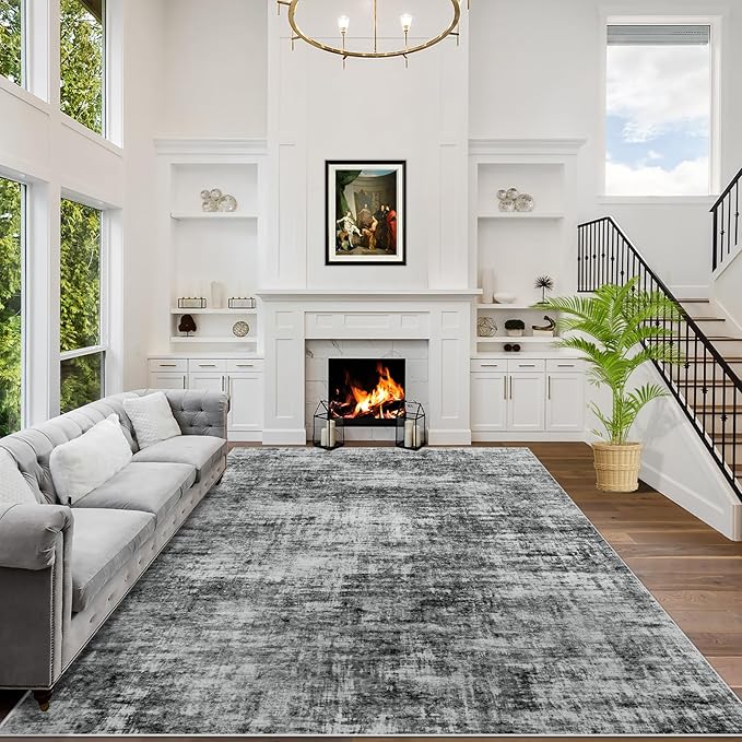 5x7 Area Rugs Washable Rug: Modern Abstract Living Room Rug Soft Anti-Skid Thin Carpet Indoor Floor Non-Shedding Carpets for Bedroom Dining Room Farmhouse Nursery Home Office - Black
