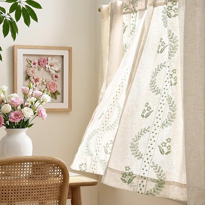 jinchan Belrose Linen Floral Kitchen Curtains 36 inch Length Embroidered Farmhouse Cafe Curtains for Living Room Bathroom Small Windows Curtain Set Sheer Light Filtering 2 Panels Sage Green