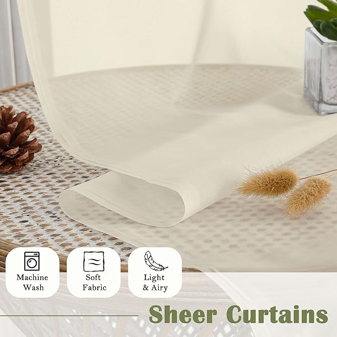Lecloud Cream Sheer Curtains for Bedroom 90 Inches Long 2 Pcs, Rod Pockets Window Curtains for Living Room Dining Room, Modern Farmhouse Decor Light Filtering Drapes, Each Panel 59" W x 90" L
