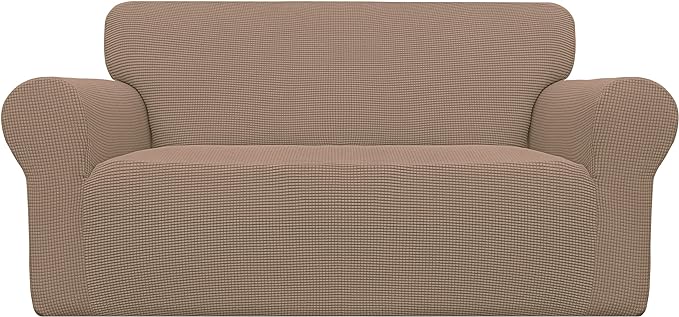 Easy-Going Stretch Oversized Loveseat Slipcover 1-Piece Sofa Cover Furniture Protector Couch Soft with Elastic Bottom for Kids Polyester Spandex Jacquard Fabric Small Checks Camel
