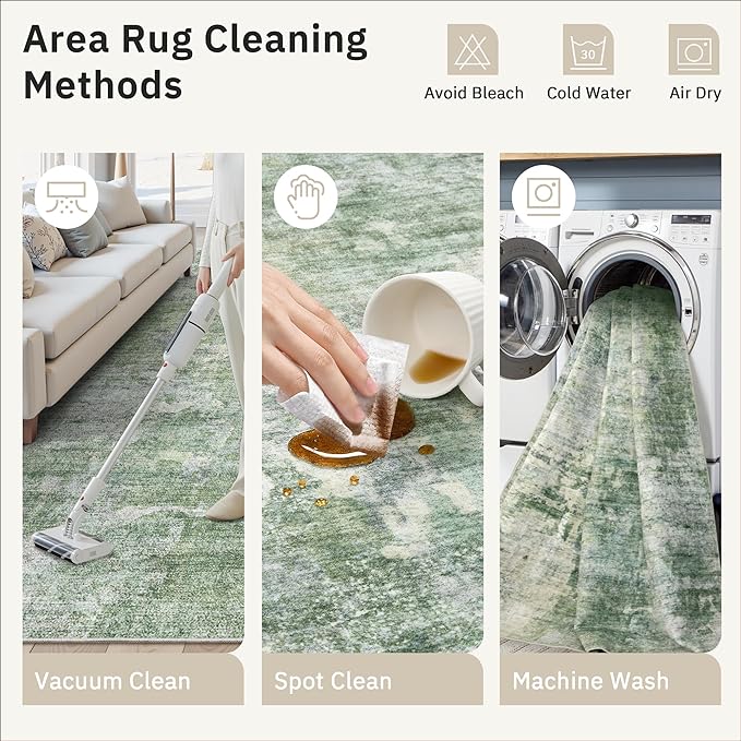 5x8 Area Rugs Green/Ivory Low Pile Indoor Washable Trendy Faded Style Rugs for Bedroom Living Room Dining Room Foldable Non-Slip Thin Print Home Office Mat