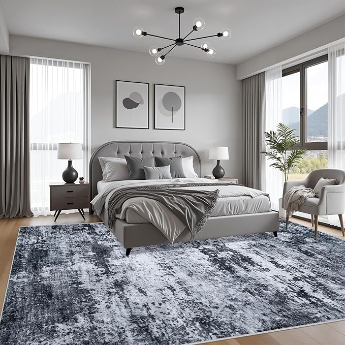 9x12 Area Rug Living Room Rug: Washable Modern Abstract Soft Thin Rug Indoor Floor No Slip Stain Resistant Carpet for Bedroom Dining Room Farmhouse Nursery Home Office - Black