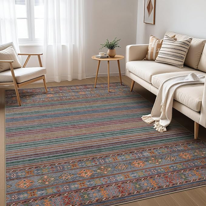 Nakagishi 9X12 Area Rugs Living Room: Washable Large Vintage Rug Neutral Non-Slip Soft Stain Resistant Indoor Carpet for Bedroom Nursery Dining Room Office Playroom - Multi Color