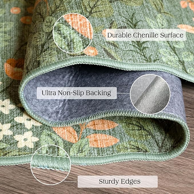 Sage Green Floral Entry Rug - 3x5 Ft Washable Indoor Outdoor Mats for Front Door Non-Slip Porch Rug Non-Slip Boho Throw Rugs for Living Room Bedroom Entryway Kitchen Office Porch Decor