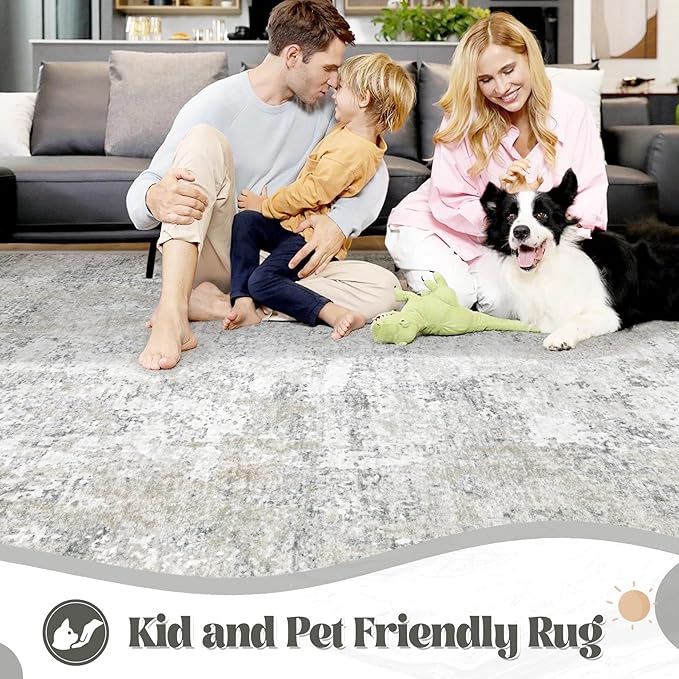 10x14 Area Rugs for Living Room, Washable Modern Abstract Large Area Rug Neutral Soft Non Slip Kids Rug Stain Resistant Indoor Carpet for Bedroom Dining Room Playroom Office(BeigeGrey, 10'x14')