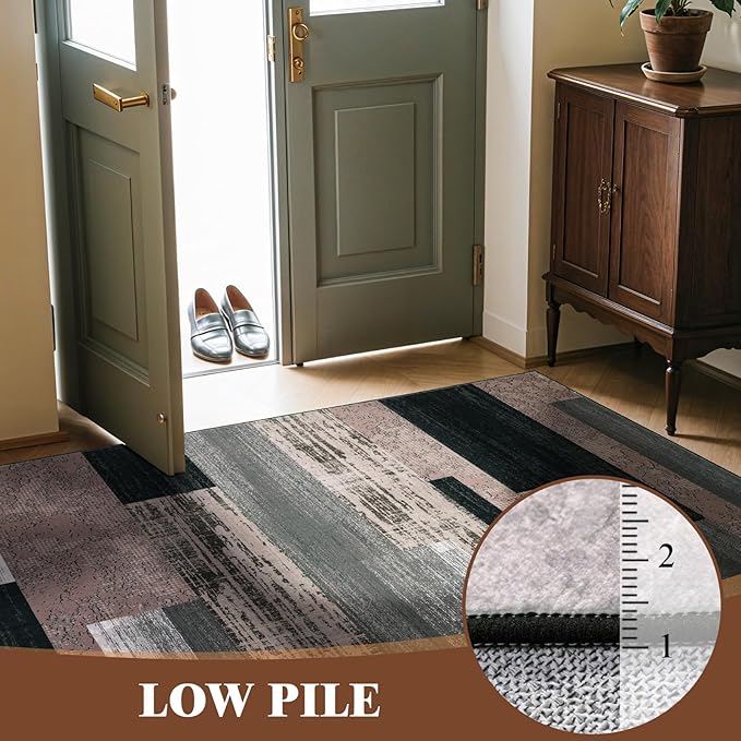 LIANLAM 10x14 Washable Area Rugs for Living Room and Bedroom, Vintage Checkered Pattern Non-Slip Carpet, Stain Resistant Low Pile Soft Rug for Dining Room,Office,Nursery,Kids Room(10x14,Chocolate)