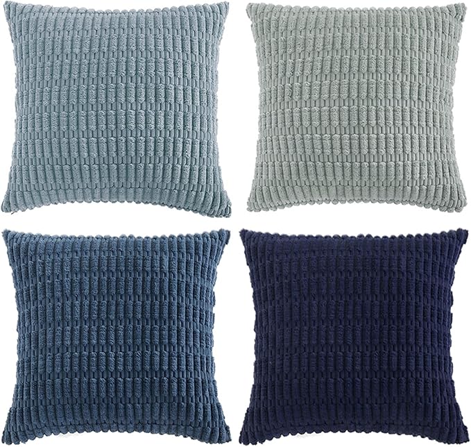 Fancy Homi Set of 4 Blue Decorative Throw Pillow Covers 16x16 Inch for Couch Bed Chair, Modern Farmhouse Boho Room Decor, Soft Fuzzy Corduroy Textured Striped Coastal Blue Cushion Case 40cm