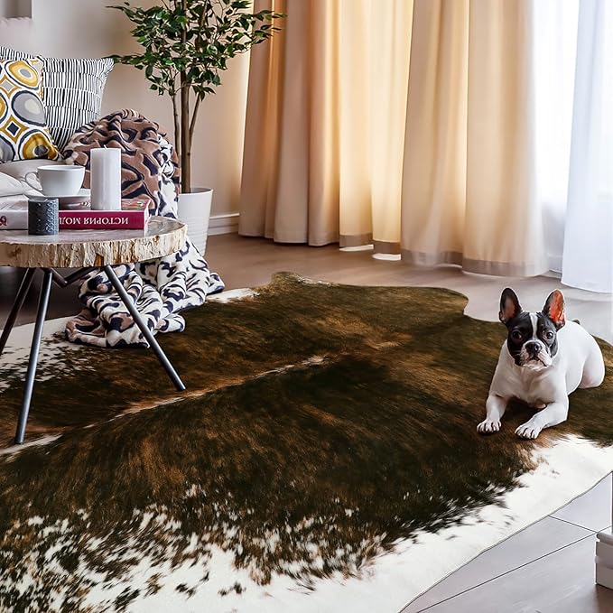 AROGAN Faux Cow Print Rug Large (6ft x 7ft) - Cow Print Area Rug with No-Slip Backing, Large Animal Skin Rugs for Living Room, Offfice, Room Decor, Saddle Brown
