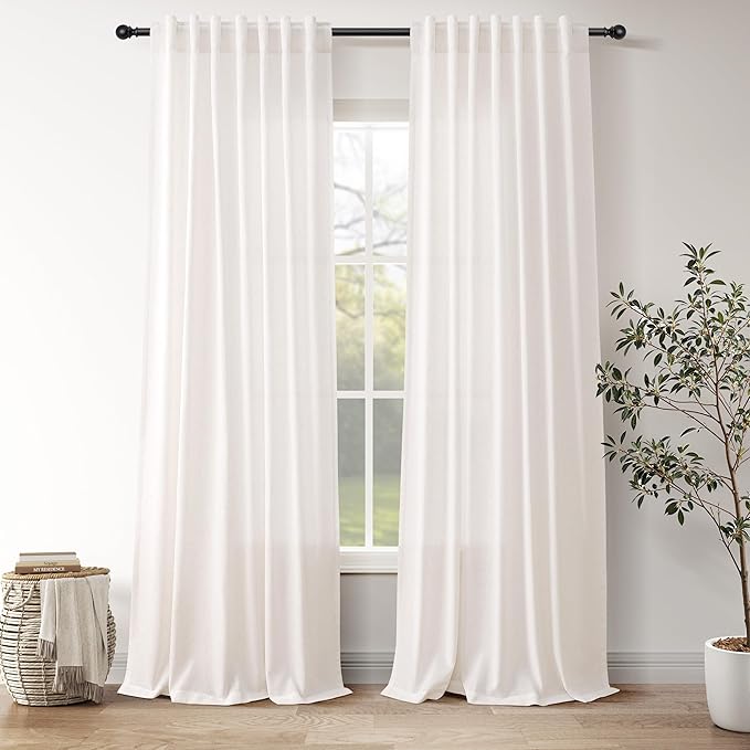 Semi Sheer Linen Curtains 120 Inches for Living Room Sets Back Tab Flax Textured Natural Ivory White Extra Long Curtain Privacy Chic Light Filtering High Window Drapes Bedroom 52X120,2 Panel