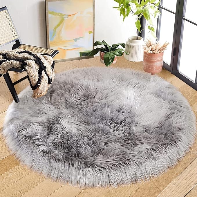 ORINOVA Silver Grey Furry Washable Faux Shaggy Fur Rugs for Living Room Small Circle Fluffy Sheepskin Fur Rug for Nursery Round Rug 5ft