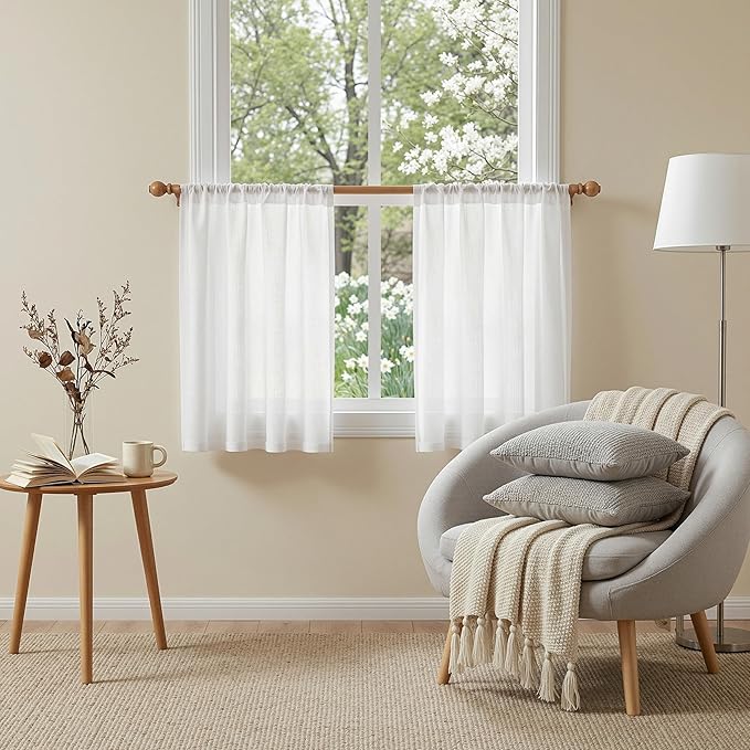 MYSKY HOME 30 Inches Long White Tiers Curtains for Kitchen Window, Semi Sheer Light Filtering Cafe Curtain Rod Pocket Short Country Decor Drapes for Bathroom/Basement, Pure White, 2 Panels, 34" Wide