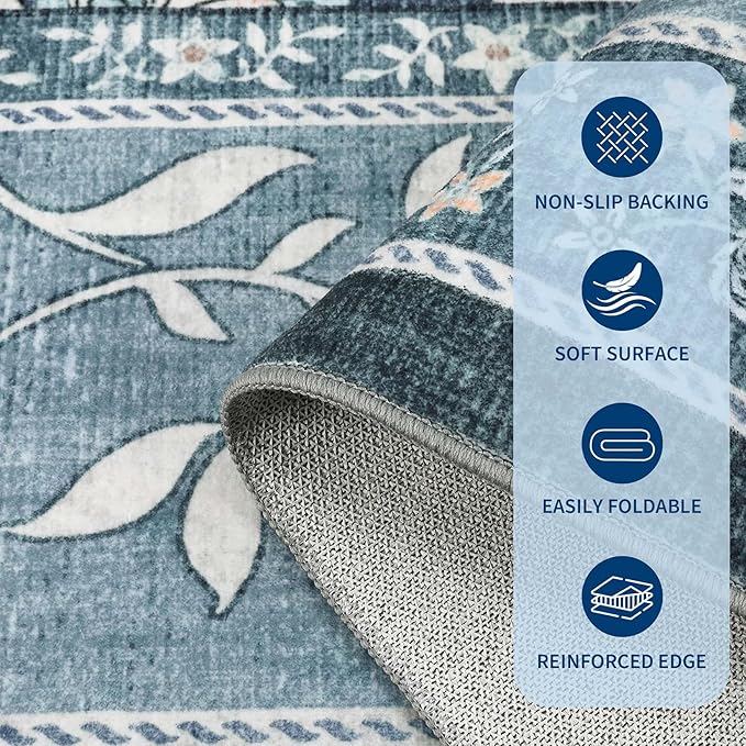 GarveeHome Misty Blue Botanical Grove 5ft Round Rug, Small Circle Vintage Cottagecore Soft Low-Pile Non-Slip Washable Rugs for Living Room Bedroom Nursery Kitchen Retro Carpet