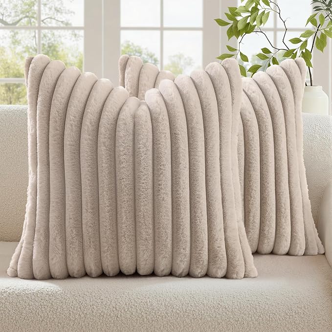 decorUhome Cozy Faux Fur Throw Pillow Covers 20x20 Set of 2 Decorative Soft Plush Striped Modern Farmhouse Boho Couch Pillow Cases with Velvet Back for Sofa Bed Living Room, Tan