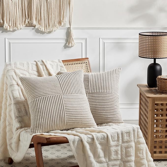 Fancy Homi 2 Packs Neutral Taupe Euro Decorative Throw Pillow Covers 28x28 Inch for Couch Bed Sofa, Rustic Farmhouse Boho Home Decor, Soft Corss Corduroy Patchwork Textured Square Cushion Case 71x71cm