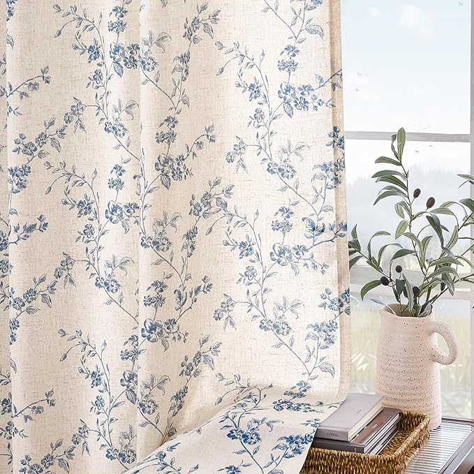 Lazzzy Blue Floral Linen Curtains 96 Inch Farmhouse Back Tab Drapes for Living Room Bedroom Light Filtering Vintage Grandmillennial Rod Pocket Curtains, 2 Panels, W38 x L96, Blue on Beige