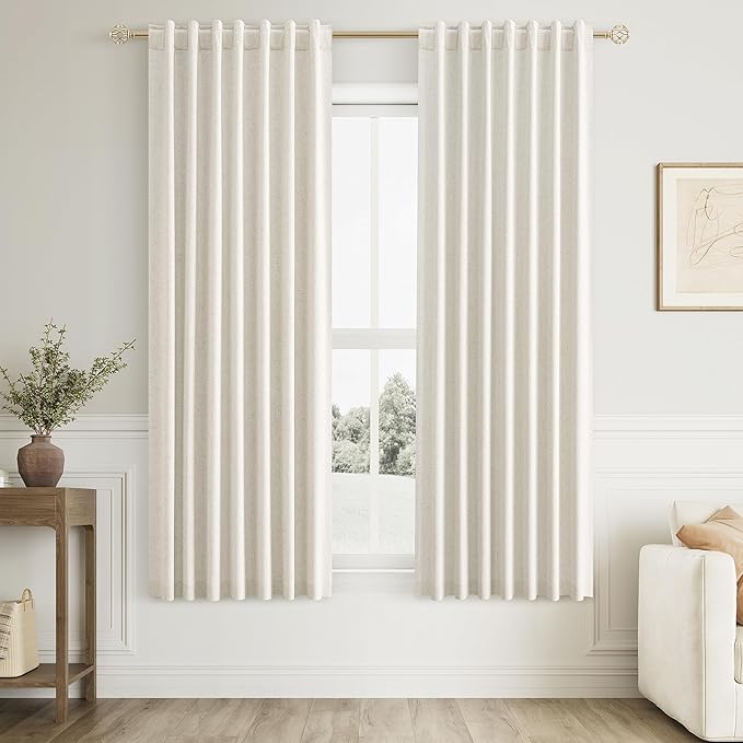 Guken Cream 100% Blackout Curtains 60 Inch Length 2 Panels Set for Living Room Bedroom Back Tab Thermal Insulated Black Out Linen Drapes Room Darkening Window Curtains
