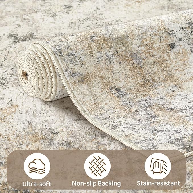 UERMEI 10x14 Area Rug Living Room Rugs - Washable Neutral Modern Abstract Soft Thin Large Rug Indoor Floor No Slip Rug Carpet for Bedroom Under Dining Table Home Office Decor - Golden Grey