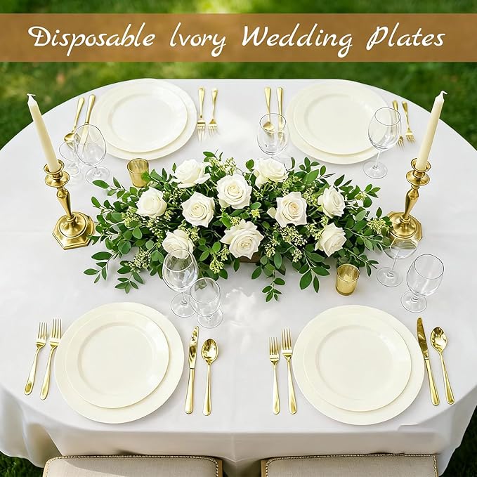 200 PCS Ivory Plastic Plates, Ivory Plastic Disposable Party Plates Include 100 Dinner Plate 10 inch and 100 Dessert Plate 7 inch Perfect for Birthday, Party & Christmas