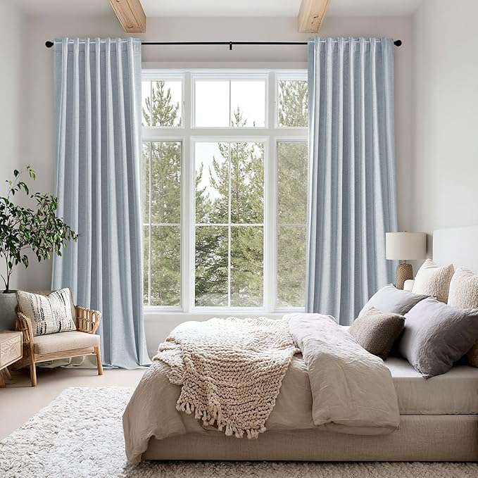 MIULEE 100% Blackout Linen Curtains for Bedroom, Chambray Blue Solid Luxury Decor Thermal Insulation Room Darkening Drapes for Living Room Nursery Back Tab Rod Pocket 42 x 90 Inches, 2 Panels