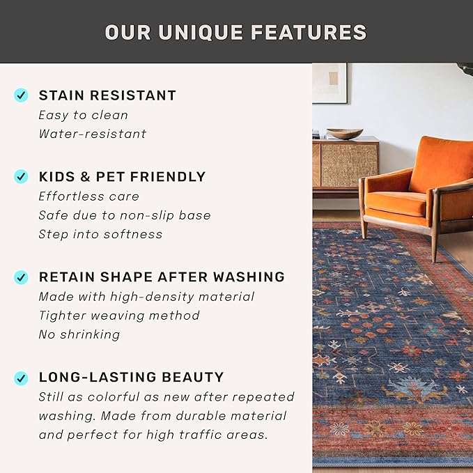 Hazo Haus Navy Blue Runner Rug 2x5 for Hallway, Kitchen, Bathroom, Mudroom, Laundry Room, Washable Non Slip Non Skid Rubber Backing Low Pile Stain Resistance