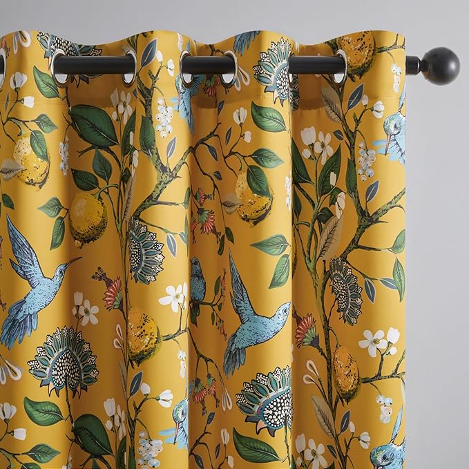 Topfinel 90 Inches Long Curtains & Drapes 2 Panels, Unique Nature Luxury Elegant Colorful Dark Floral Hummingbird Patterned Rustic Mustard Yellow Grommet Drapes for Classroom Room Office Closet 52x90