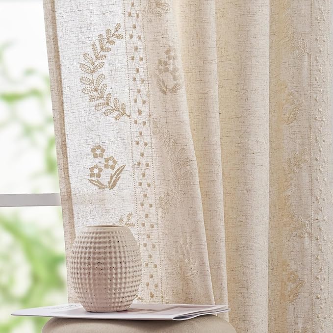 jinchan Belrose Linen Curtains for Bedroom Floral Curtains 90 Inch Length Linen Blend Ivory Embroidered Drapes Farmhouse Flower Patterned Drapes for Living Room Window Treatments Set 2 Panels
