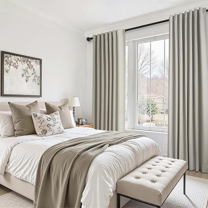 Topfinel 100% Blackout Grey Linen 96 Inch Length Curtains for Living Room 100% Blackout Pleated Drapes Noise Reducing Thermal Insulated Curtain Panels for Bedroom 2 Panels Flax Grey