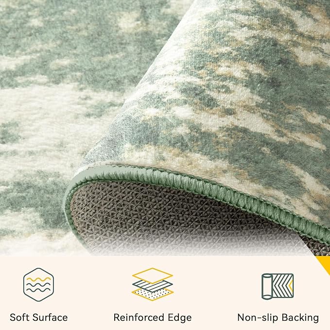 Washable Area Rugs 2'x6' Non-Slip Modern Abstract Soft for Living Room Entryway Bedroom Nursery, Print Pattern, Light Green/Yellow