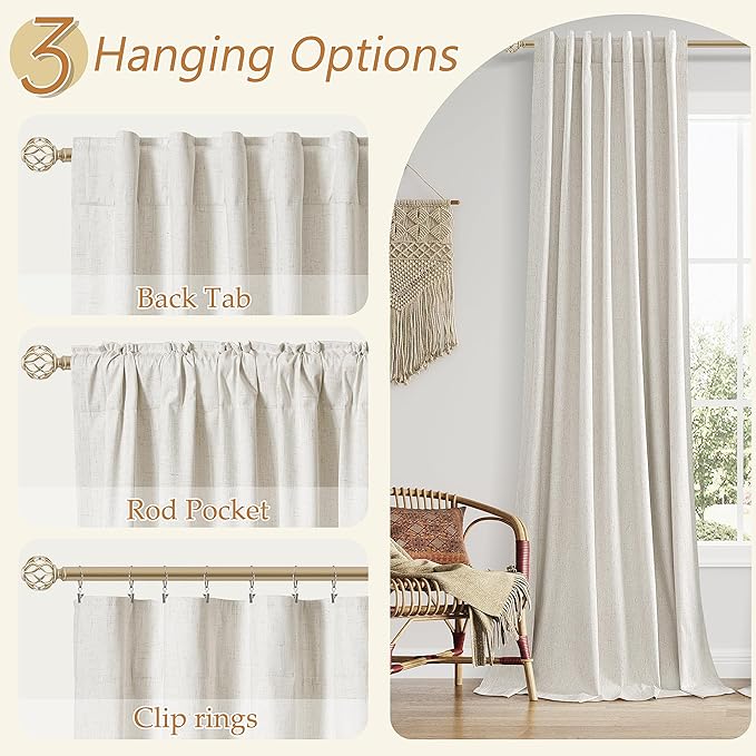 Guken Boho 86 Inches Long 100% Blackout Curtains 2 Panels Set for Living Room Bedroom Linen Drapes Room Darkening Winter Thermal Insulated Black Out Curtain Back Tab Rod Pocket, 52x86