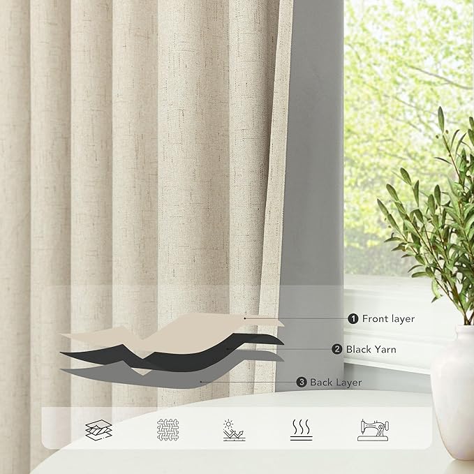 Thick Linen Blackout Curtains 104 Inches Long 2 Panel Set Custom Length Decorative Black Out Heat Draft Blocking Neutral Burlap Large Window Drape for Home Office Living Room Dining Area Bedroom Beige