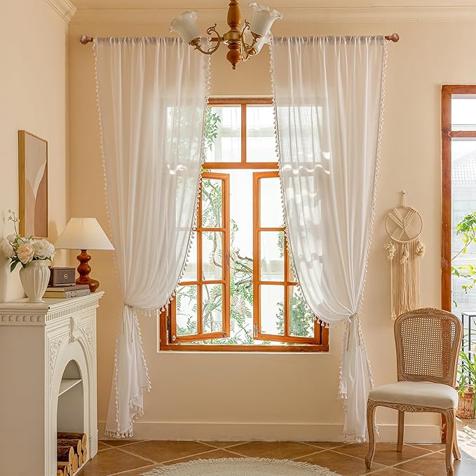 MYSKY HOME 84 inches Length White Curtains with Macrame for Living Room, Semi Sheer Farmhouse Style Light Filtering Back Tab Curtains for Sliding Glass Door, 50" Wide, Pure White，2 Panels