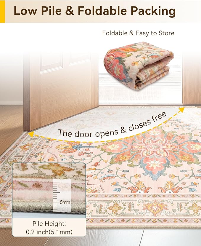 Area Rugs 8'x10' Washable Non-Slip, Floral Vintage Distress Print Pattern Medallion Carpet for Living Room Bedroom Dining Room, Light Pink Colorful